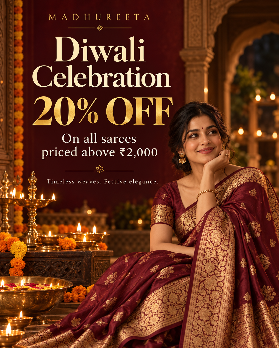 Madhureeta Diwali Celebration. 20% OFF on all sarees priced above Rs 2,000. Timeless weaves. Festive elegance.